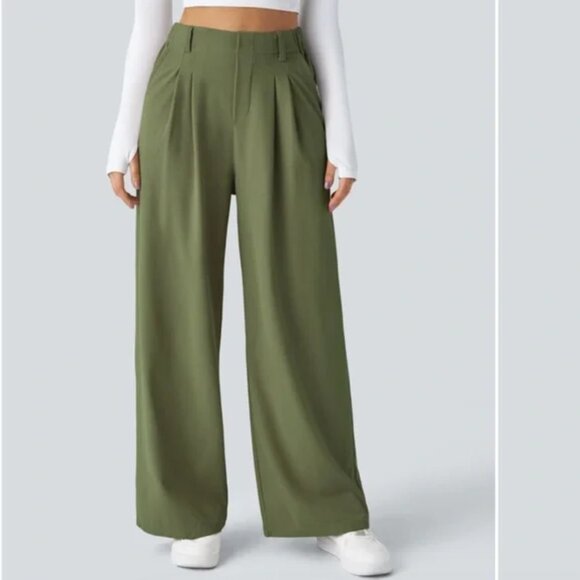 Halara Flex High Waist Wide Leg Waffle Work Pants Green - Picture 1 of 8